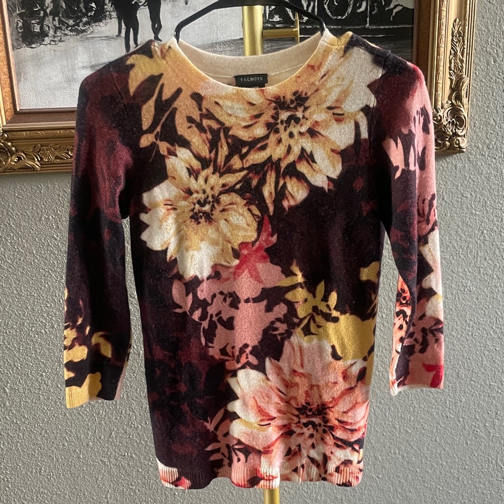 Talbots Cashmere Floral Crewneck Sweater in Cream, Yellow & Burgundy